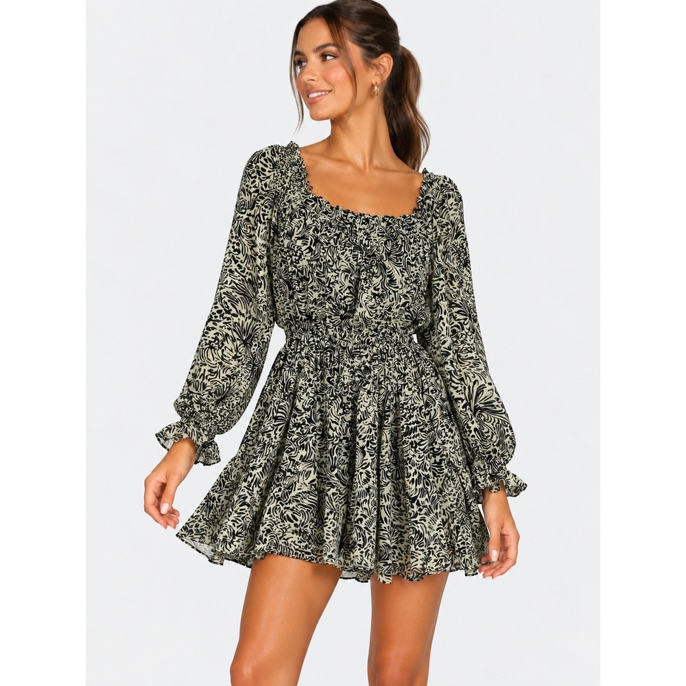 Cinq a Sept Black Cream Abstract Print Smocked Mini Dress Size 8 NWOT
